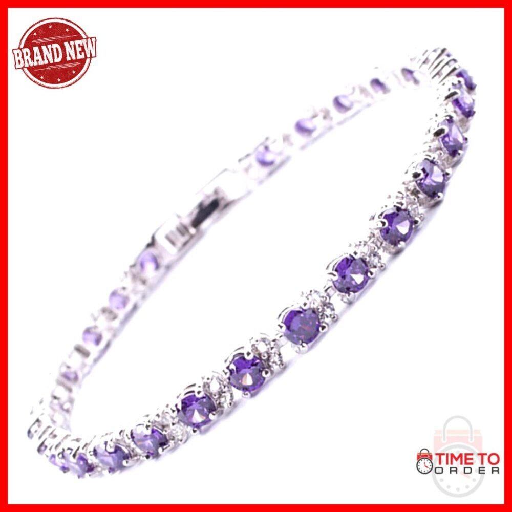 White Gold Plated Tennis Bracelet with Simulated Amethyst, 7 Inch